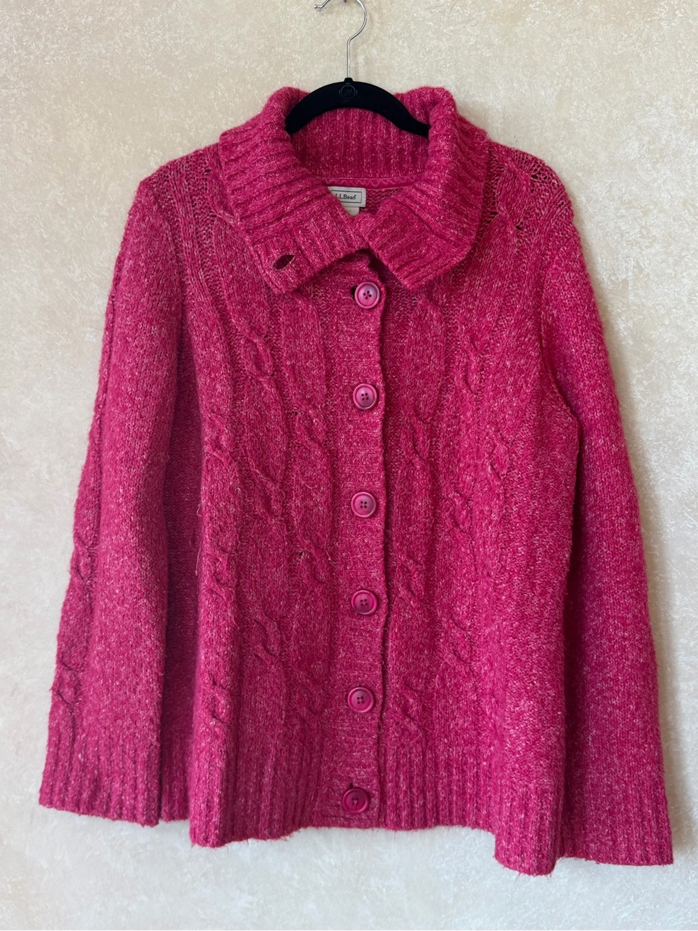 L.L. Bean Dark Pink Cable Knit Full Button Cardigan Size XL Wool Blend